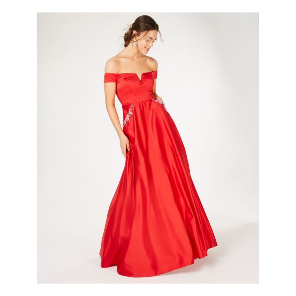SAY YES TO THE Womens Red Notched Lined Cap Sleeve Gown Dress Juniors 3 - Picture 3 of 4